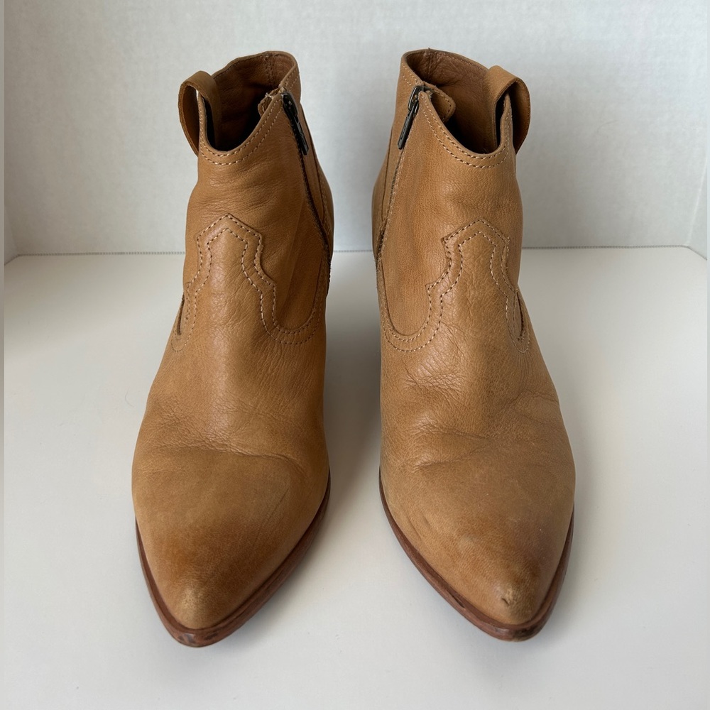 Frye Western bootie with medium chunky heel inside zip, soft leather.